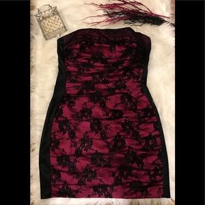 Fuchsia & Black Lace Formal Strapless Dress